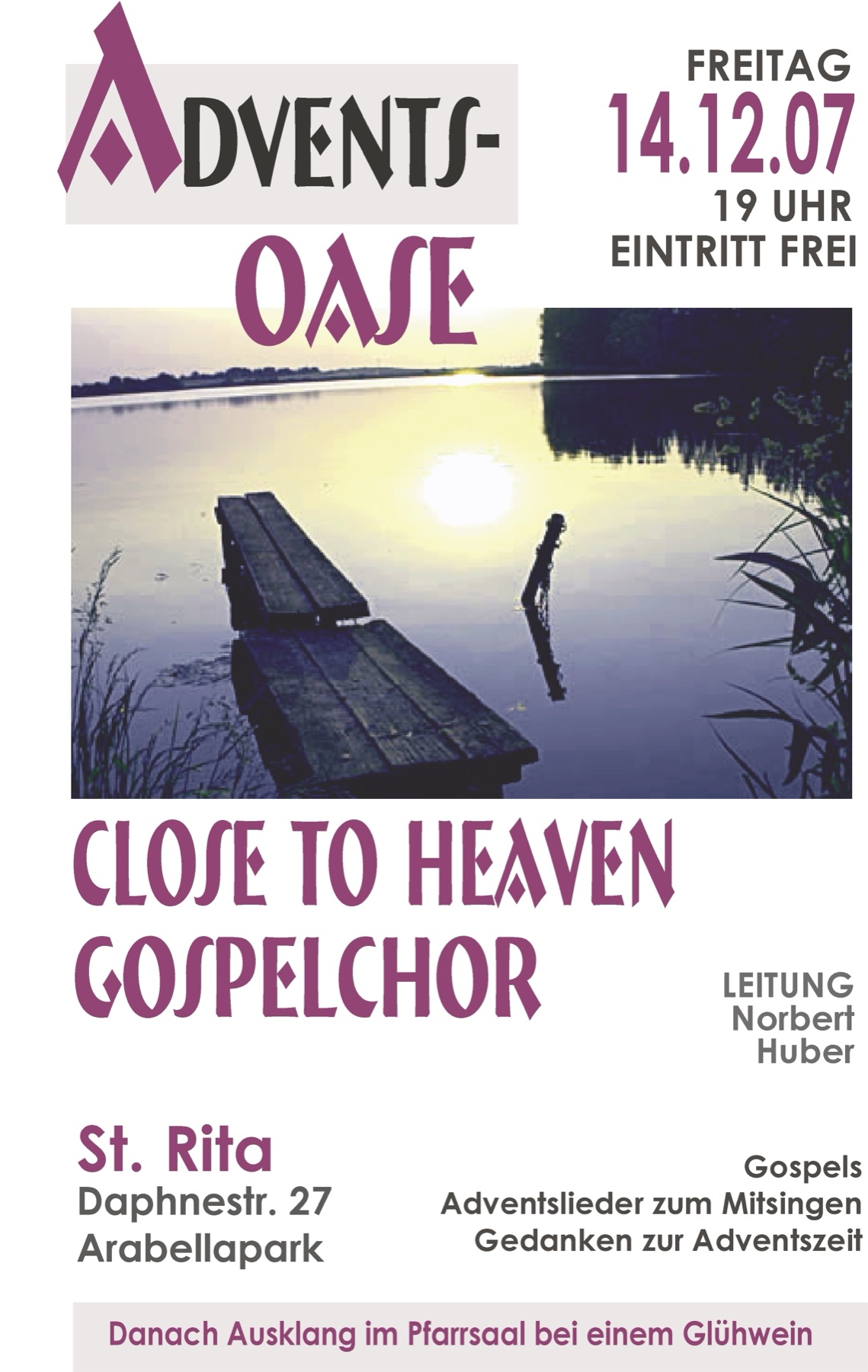 Plakat „Advents-Oase“ mit einem Steg am See im Abendlicht