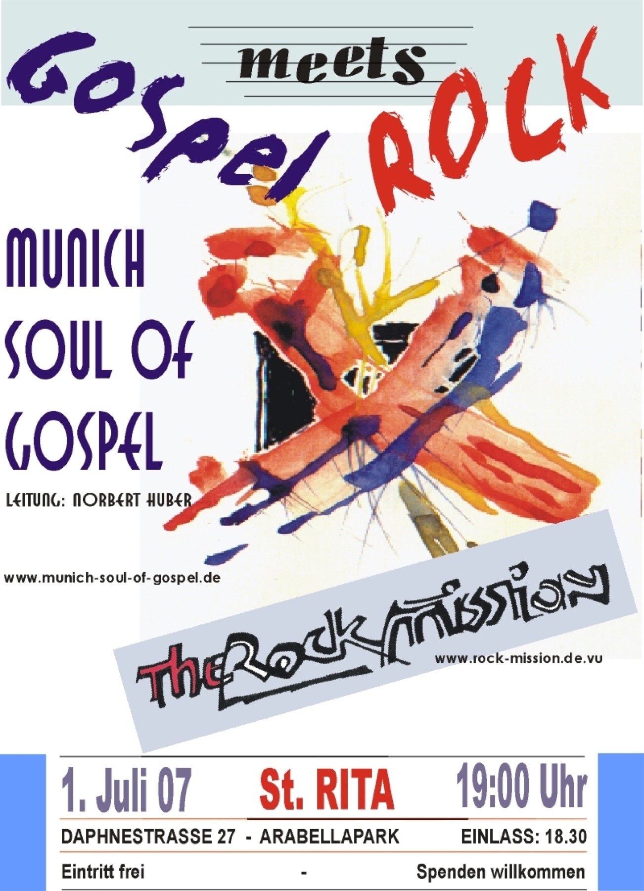 Konzertplakat „Gospel meets Rock“ von 2007 mit einer Aquarellmalerei in Rot und Blau