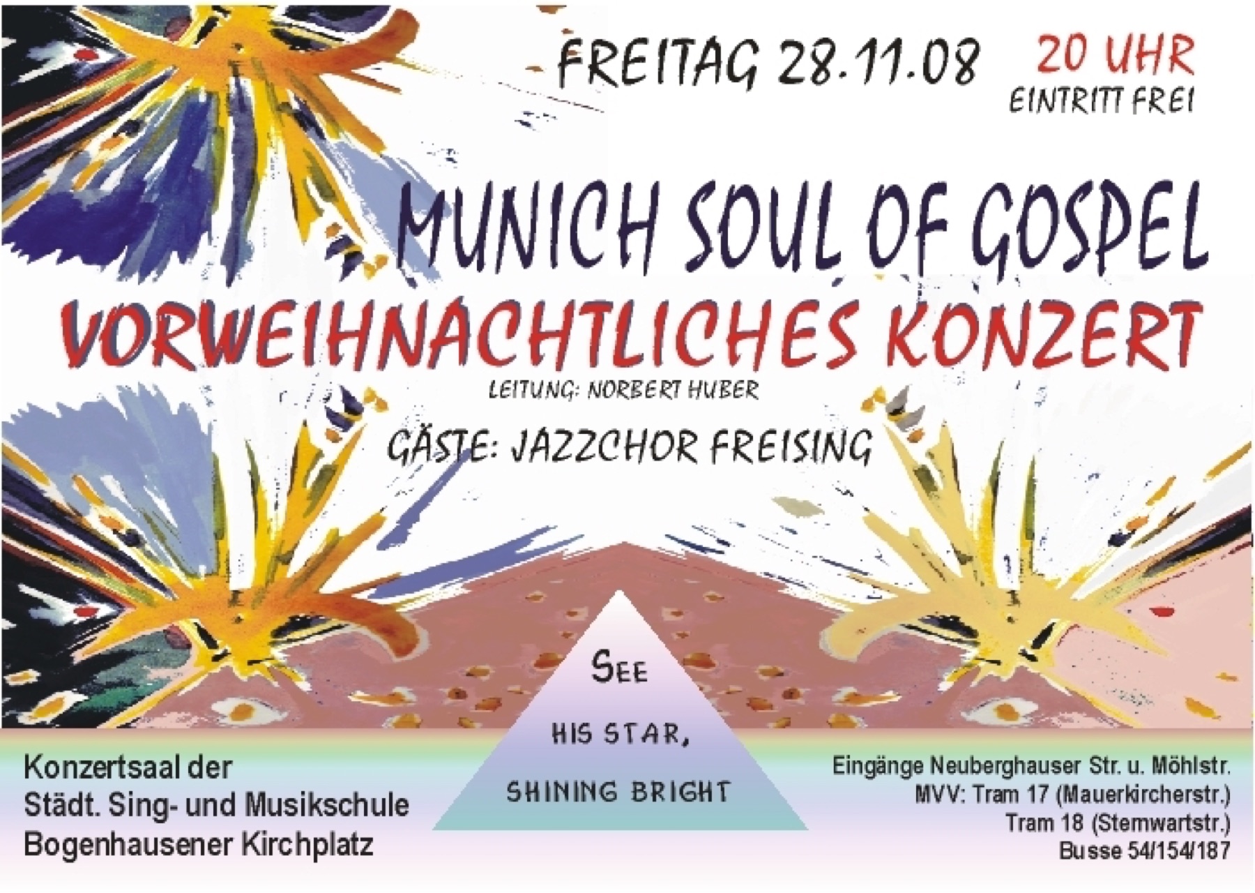 Querformatiges Plakat zum vorweihnachtlichen Konzert mit Sternexplosionen und der Zeile „See his star, shining bright“