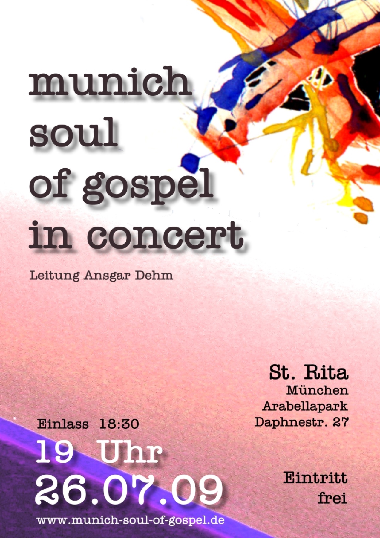 Plakat „munich soul of gospel in concert“ mit farbigem Pinselmotiv auf Rosa