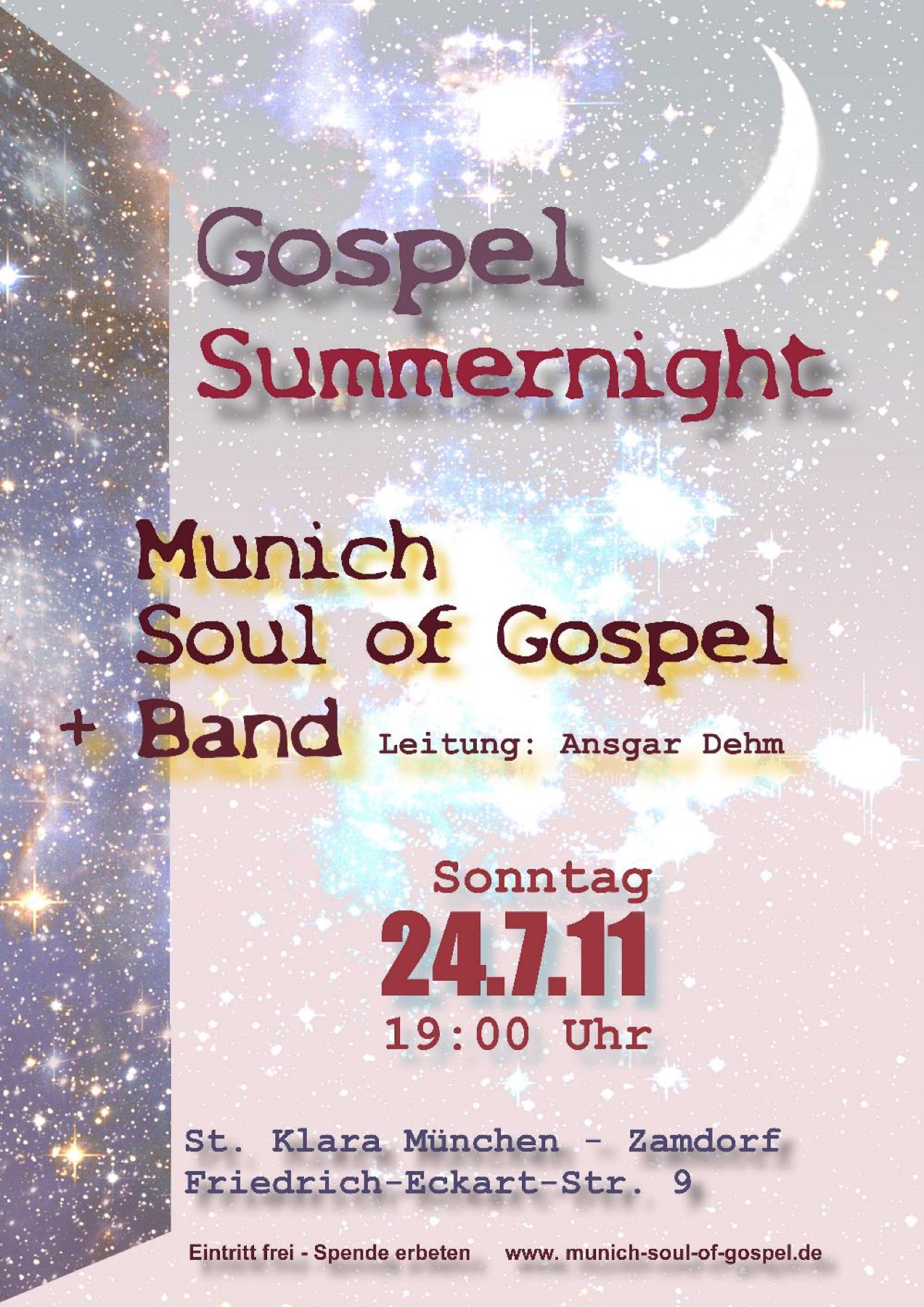 Plakat „Gospel Summernight“ mit Sternenhimmel und Mondsichel