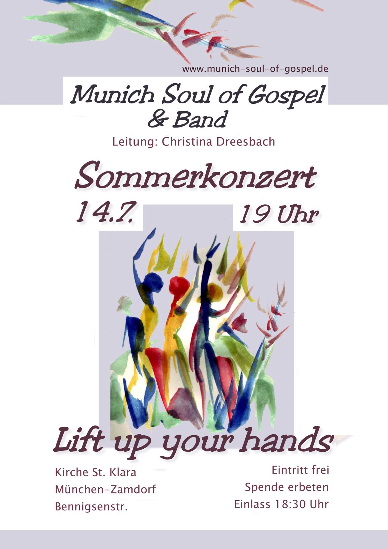 Plakat „Lift up your hands“ mit bunten, tanzenden Aquarellfiguren