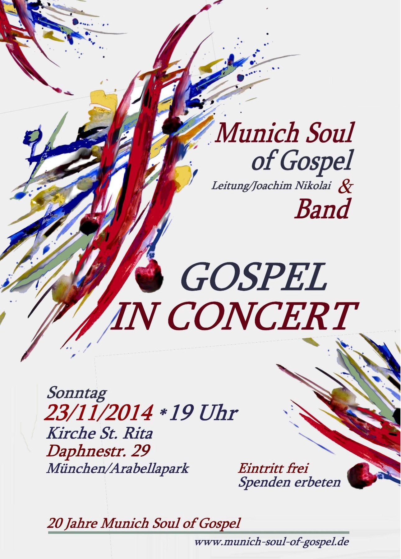 Konzertplakat „Gospel in Concert“ vom 23. November 2014 mit dem Zusatz „20 Jahre Munich Soul of Gospel“