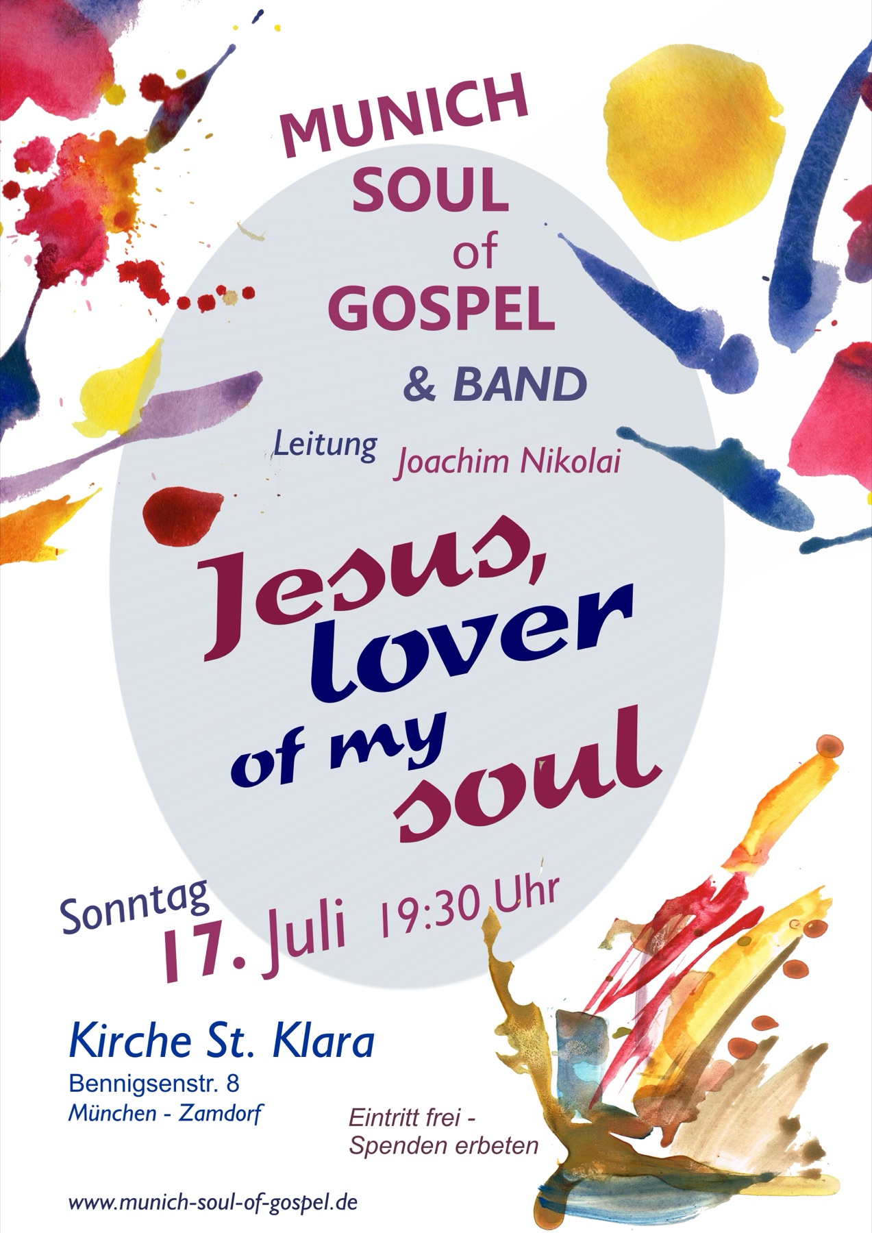 Plakat „Jesus, lover of my soul“ mit Aquarellflecken um ein helles Oval