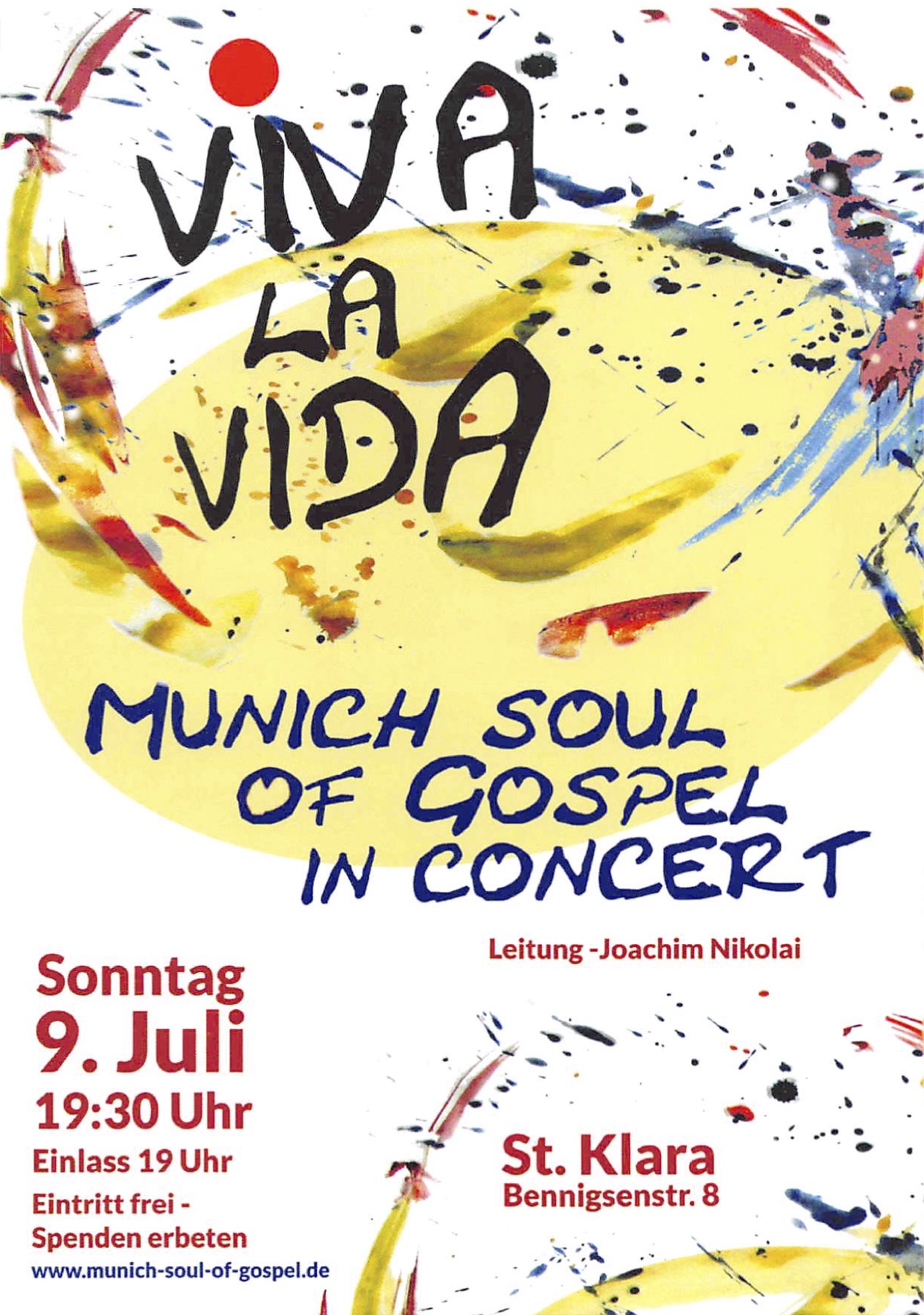Konzertplakat „Viva la Vida“ vom 9. Juli 2017 mit gelbem Kreis und farbigen Pinselstrichen