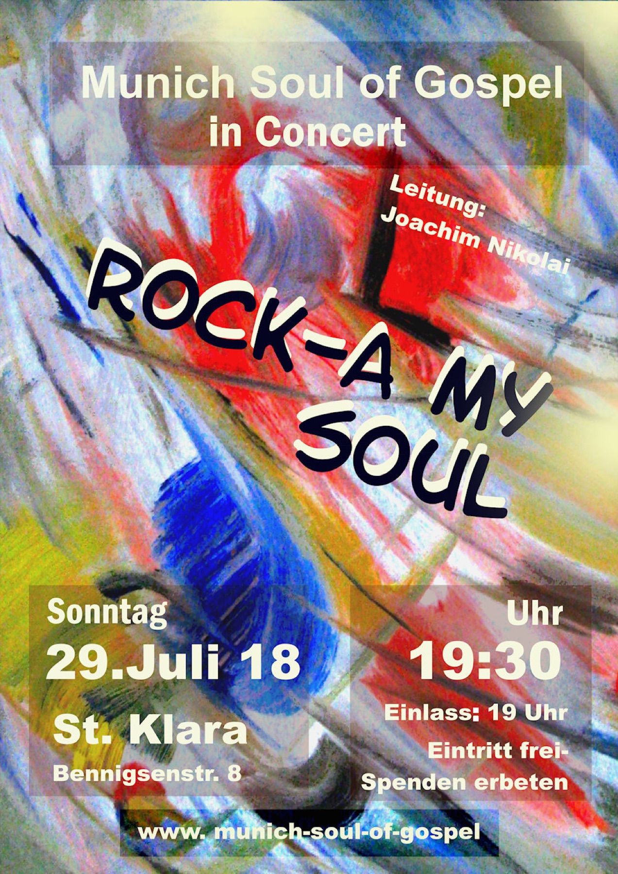 Plakat „Rock-a my Soul“ mit abstrakter Malerei in Rot, Blau und Gelb