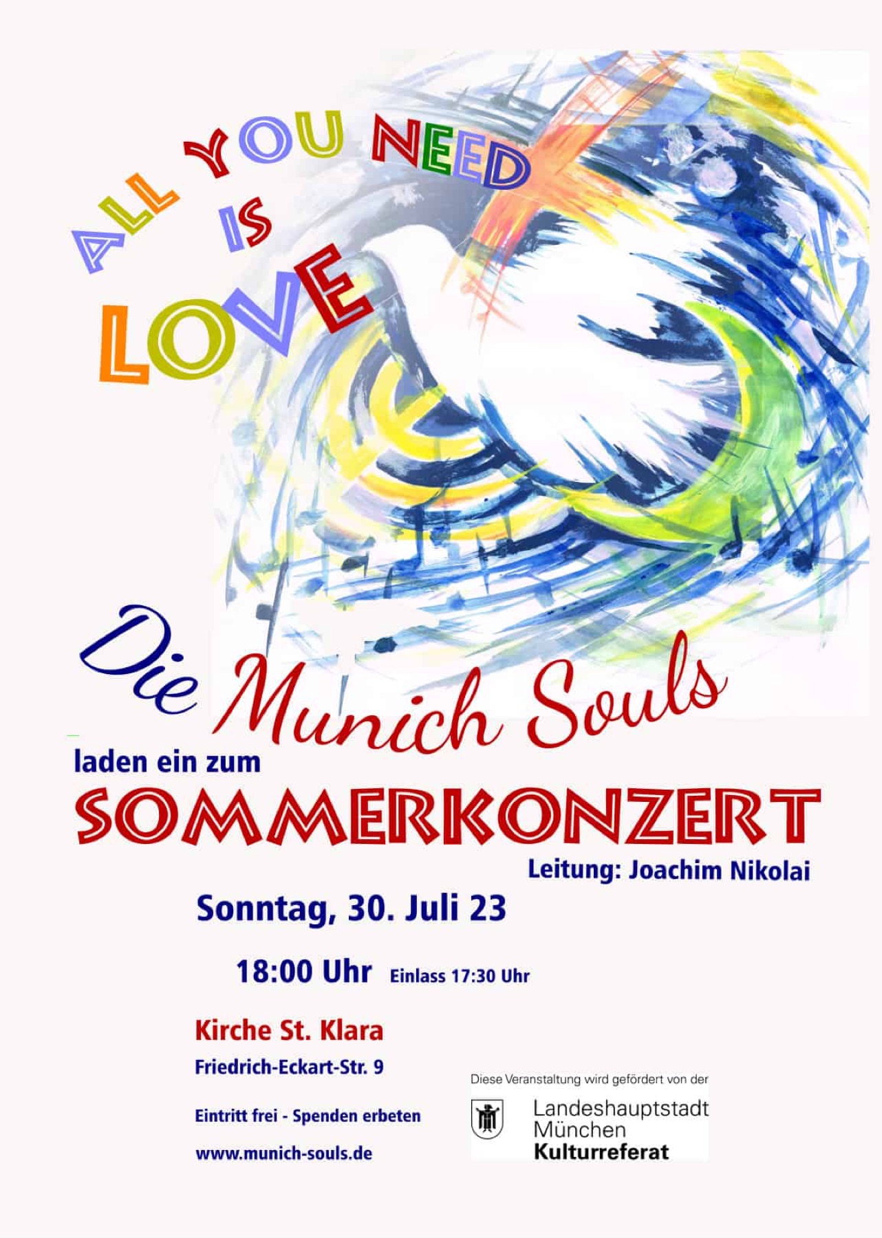 Plakat „All you need is Love“ mit einer gemalten Friedenstaube in Blau und Gelb