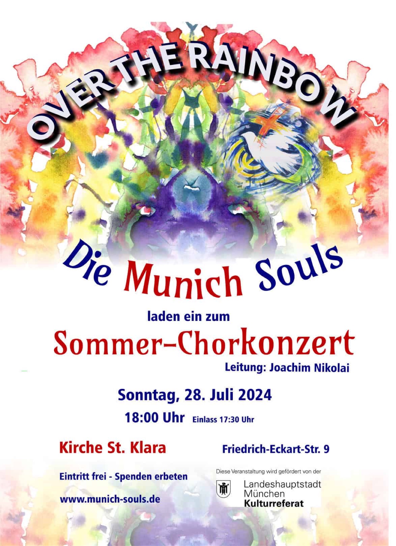 Konzertplakat „Over the Rainbow“ vom 28. Juli 2024 mit einer farbigen Aquarelltaube