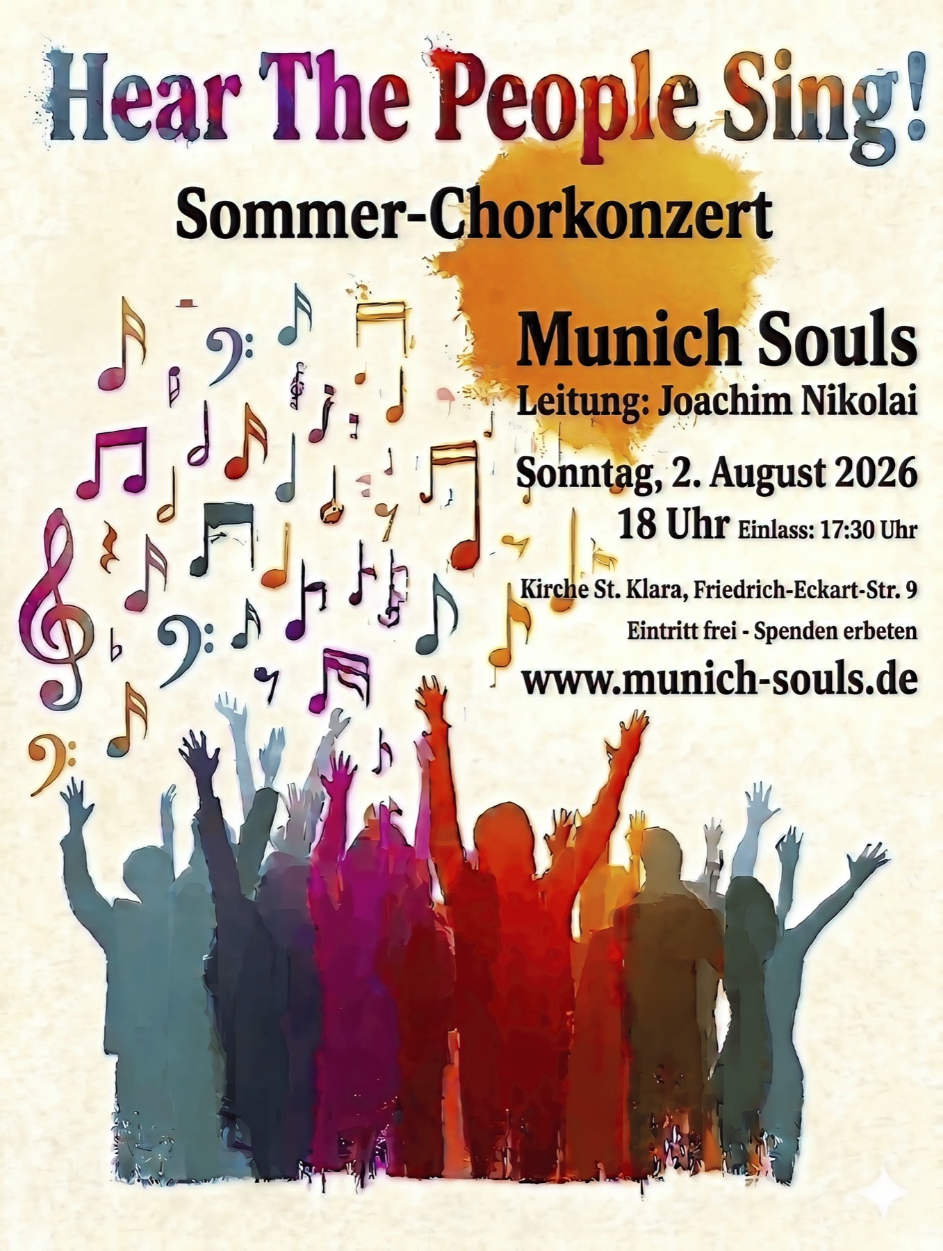 Konzertplakat „Hear The People Sing!“ — Sommer-Chorkonzert der Munich Souls am 2. August 2026